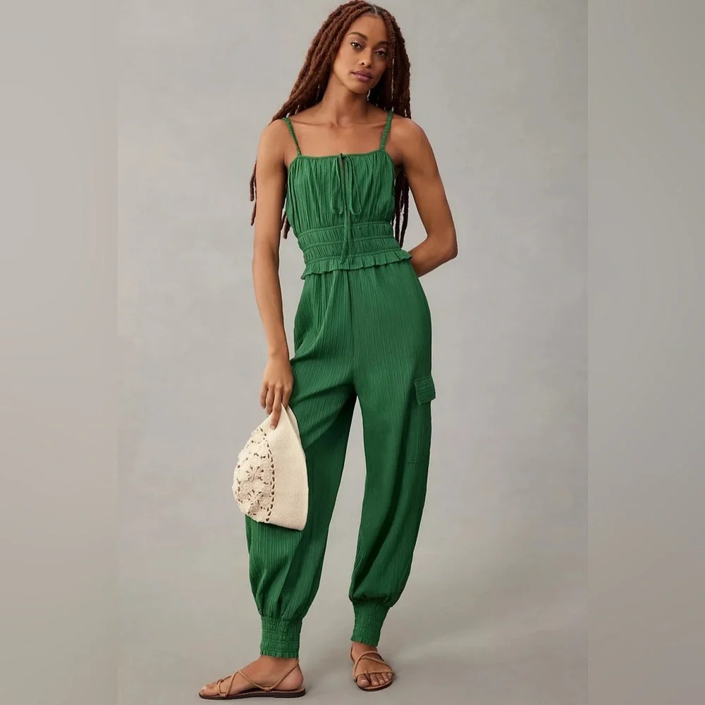 COPY - NWT Anthropologie Rider Green Smocked Jumpsuit Small